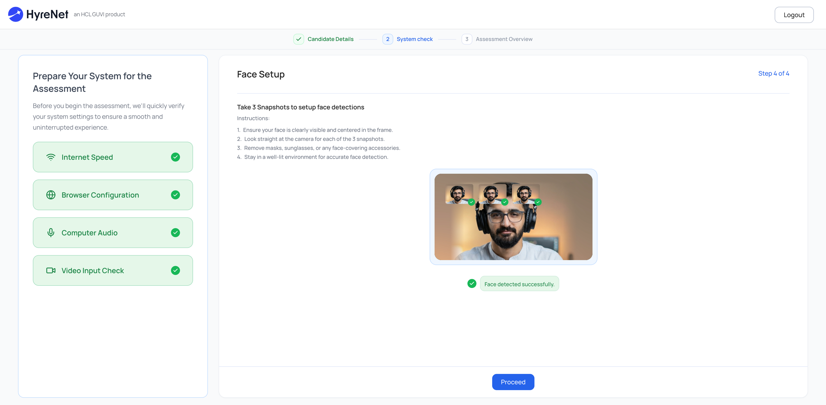 Candidate face setup: three snapshots verified and "Face detected successfully" before the test starts