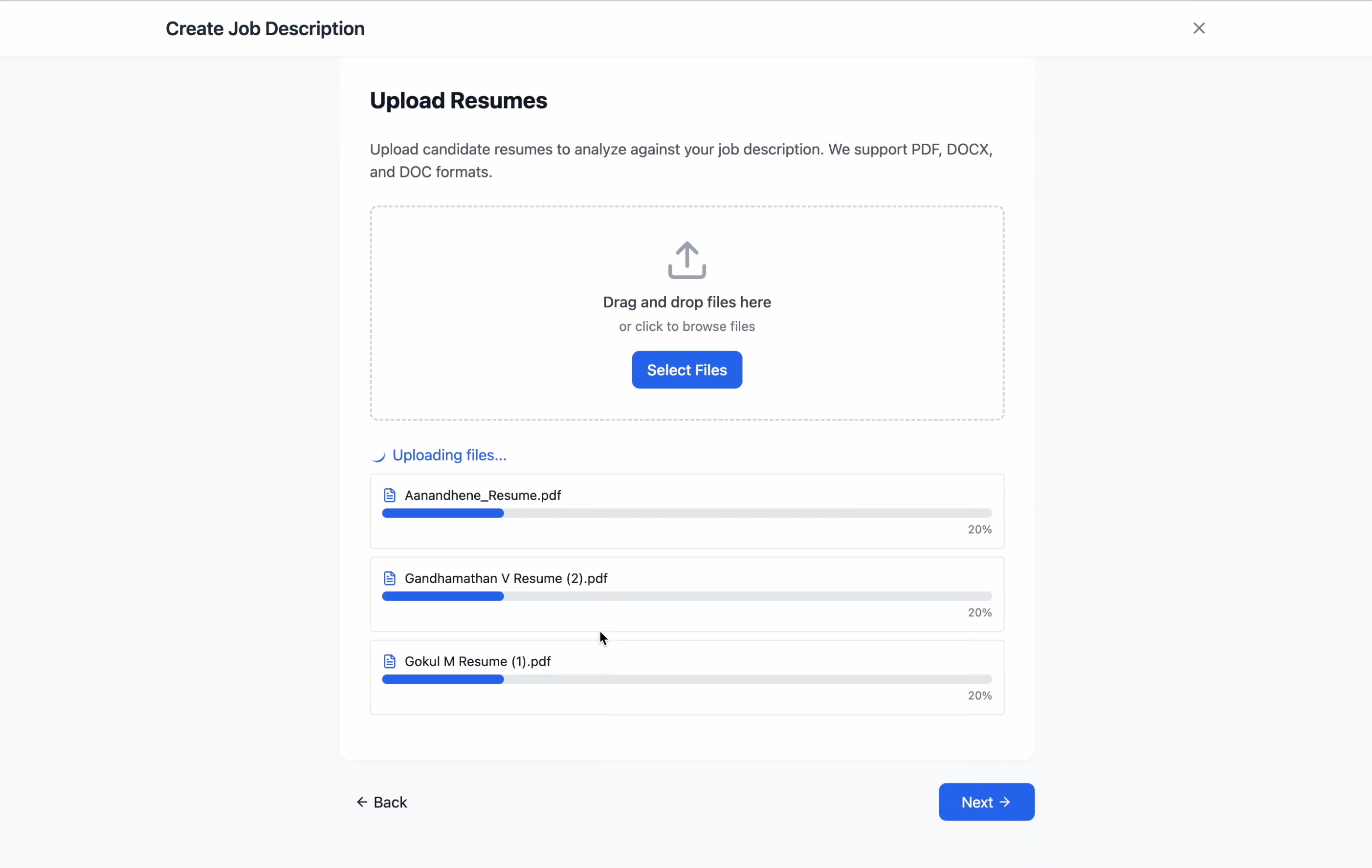 Hyrenet AI Resume Screening: Upload Resumes screen